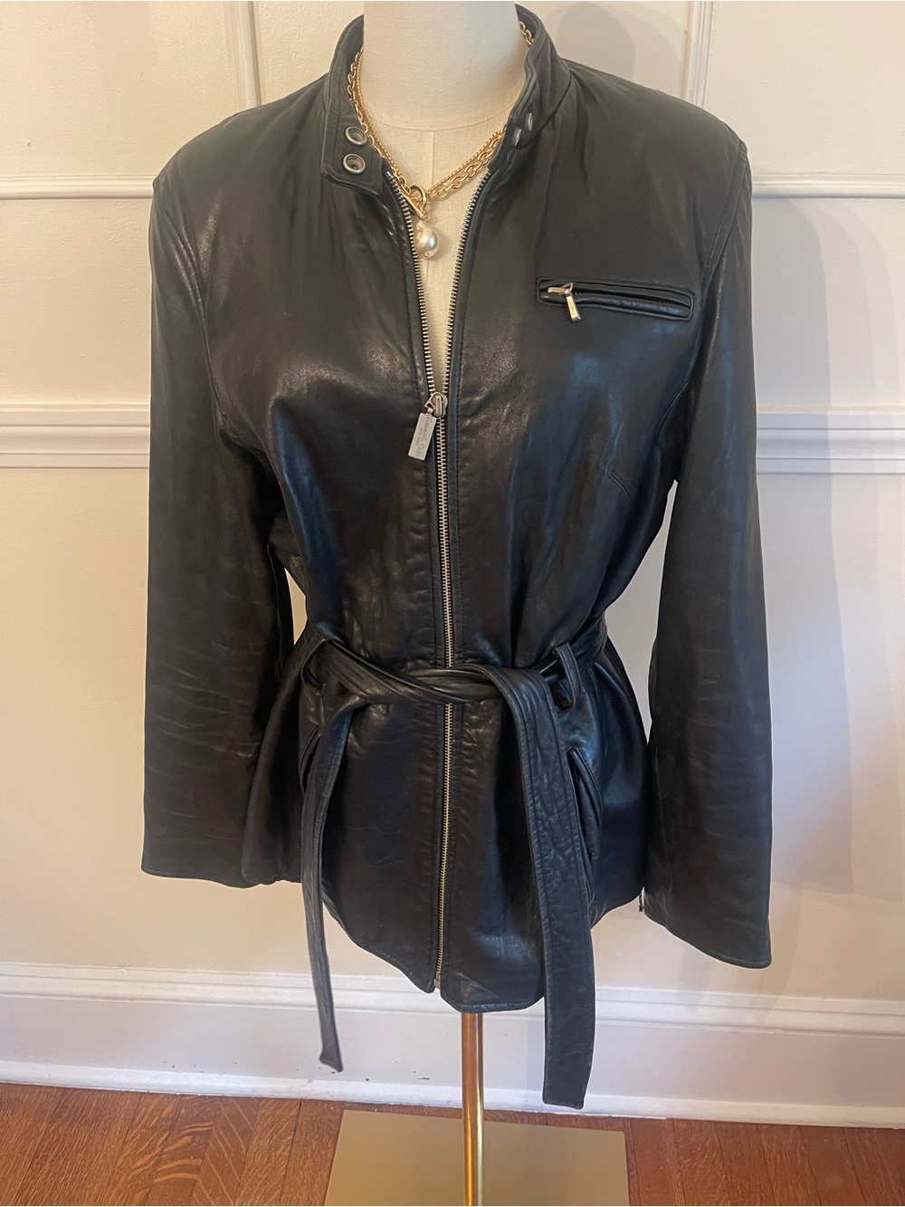 Kenneth Cole Black Leather Belted Zip Jacket
